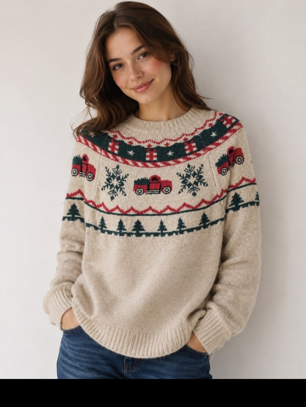 Maurices Cozy Christmas Sweater XL Red Truck Snowflake Knit Pullover Holiday Win